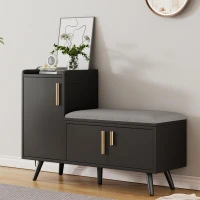 Modern Entryway Shoe Bench Storage Cabinet with Adjustable Shelves, Soft Storage Organiser Unit with Metal Handles, 100L x 34W x 69H cm, Black(m-7)