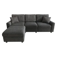 Modern Upholstered Sectional Sofa with USB Type-C Charging Ports, Soft Convertible Couch with 2 square cushions, 223L x 146W x 84H cm, Dark Grey(m-9)