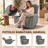 HOMCOM Fotoliu Reclinabil Manual 155° cu Suport pentru Picioare, Rotativ 360°, pentru Living, Gri Deschis(m-4)