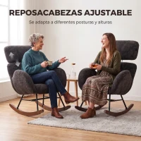 HOMCOM Silla Mecedora de Terciopelo con Reposacabezas Ajustable Acolchado Grueso Patas de Madera Reposabrazos Gris Oscuro(m-5)