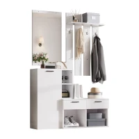 Hallway Storage Unit with Mirror and 4 Hooks, Space-Saving Shoe Cabinet with 10 Compartments for Entryway, 120L x 35W x 175.5H cm, White(m-13)