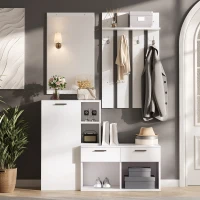 Hallway Storage Unit with Mirror and 4 Hooks, Space-Saving Shoe Cabinet with 10 Compartments for Entryway, 120L x 35W x 175.5H cm, White(m-7)