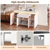 Modern LED Sideboard with 4 Doors and Large Drawer, Freestanding Buffet Cupboard for Living Room, 140L x 40W x 80H cm, White+Natural(m-5)