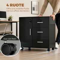 HOMCOM Mobile Con 3 Cassetti, Mensola Regolabile, Supporto Stampante e Serratura, Nero(m-7)