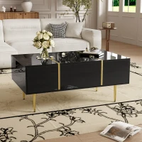 High-Gloss Coffee Table with Two Drawers and 19.5 cm Clearance, Modern Center Table for Living Room, 100L x 60W x 41.5H cm, Black+Gold(m-1)