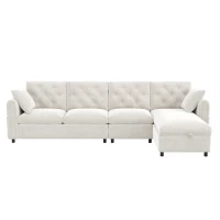 Modern Velvet L-Shaped Sectional Sofa with Storage Chaise and Tufted Back, Soft Corner Couch with Reversible Corner, 281L x 132W x 86H cm, BeigeStorage Chaise(m-13)