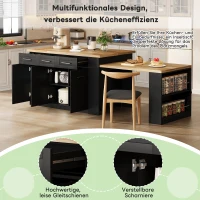 Modern Kitchen Island with Hidden Extendable Dining Table, Mobile Breakfast Bar with Marble-Effect Worktop, 150L x 90W x 90H cm, Black+Natural(m-7)