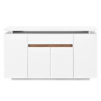 Modern LED Sideboard with 4 Doors and Large Drawer, Freestanding Buffet Cupboard for Living Room, 140L x 40W x 80H cm, White+Natural(m-2)