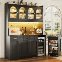 Kitchen Cabinet with App-Controlled RGB LED and Glass Display, Storage Cabinet with Roll-Out Shelves and Drawers, 120L x 40W x 187H cm, Black(m-7)