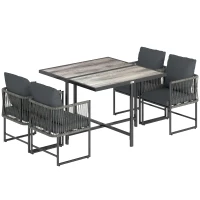 Outsunny Polyrattan Gartenmöbel Set 5-teilig Platzsparend Sitzgruppe Tisch mit 4 Stühlen DPC-Tischplatte Kissen Grau(m-1)