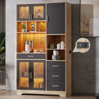 Tall Kitchen Pantry Cabinet with App-Controlled LED Lights, Freestanding Storage Cupboard with Power Outlets, 100L x 40W x 185H cm, Black+Natural(m-8)