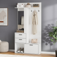 Modern Hall Tree with Mirror and Fold-Out Shoe Rack, Space-Saving Entryway Organizer with 3 Hooks and Drawers, 90L x 30W x 180H cm, White