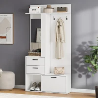 Modern Hall Tree with Mirror and Fold-Out Shoe Rack, Space-Saving Entryway Organizer with 3 Hooks and Drawers, 90L x 30W x 180H cm, White(m-1)