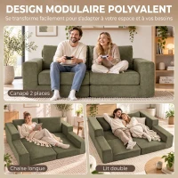 HOMCOM Canapé Convertible 2 Places 4 en 1, Canapé-Lit Compressé en Chenille 208 cm avec Assise Large, 2 Oreillers, Vert(m-4)