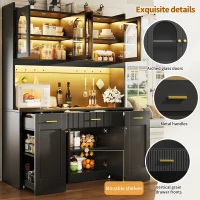 Kitchen Cabinet with App-Controlled RGB LED and Glass Display, Storage Cabinet with Roll-Out Shelves and Drawers, 120L x 40W x 187H cm, Black(m-6)