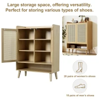 Modern Shoe Cabinet Storage Combo with 5-Tier Shelves, Freestanding Cupboard Organiser with Rattan Doors, 80L x 35W x 105H cm, Light Oak(m-5)