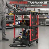 HOMCOM Wózek narzędziowy z 3 poziomami, ścianką perforowaną i haczykami, mobilny wózek warsztatowy z hamulcami, czarny/czerwony(m-6)