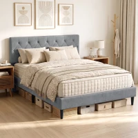 HOMCOM Bettgestell 140 x 190 cm mit Lattenrost, Gepolstertes Doppelbett mit Leinenbezug, Gepolstertes Kopfteil, 10 Latten, Grau(m-4)