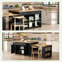 Modern Kitchen Island with Hidden Extendable Dining Table, Mobile Breakfast Bar with Marble-Effect Worktop, 150L x 90W x 90H cm, Black+Natural(m-8)