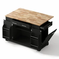 Modern Rolling Kitchen Island Trolley with Woodgrain Worktop, Mobile Storage Cart Unit with Pull-Out Bin Compartment, 138L x 86W x 92H cm, Black(m-13)
