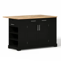 Modern Rolling Kitchen Island Trolley with Woodgrain Worktop, Mobile Storage Cart Unit with Pull-Out Bin Compartment, 138L x 86W x 92H cm, Black(m-9)