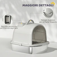 PawHut Lettiera Gatto Chiusa L in Acciaio Inox con Maniglia, Paletta, Pacchetto Deodorante, Antiperdita, Grigio(m-7)