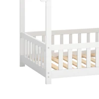 AIYAPLAY Wooden Kids House Single Bed Frame, Solid Pine Wood Toddler Bed with Dual Guardrails for Children, Boys, Girls, White(m-13)