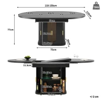 Extendable Dining Table with Glass Doors and Hidden Storage, Space-Saving Oval Dining Table for Up to 6 People, 120-160L x 118W x 77H cm, Black(m-3)