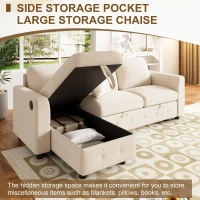 Modern Chenille L-Shaped Sectional Sofa with Reversible Storage Chaise, Soft Pull-Out Sleeper Couch with USB Ports, 200L x 130.5W x 83.5H cm, Beige(m-6)