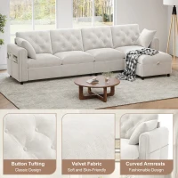 Modern Velvet L-Shaped Sectional Sofa with Storage Chaise and Tufted Back, Soft Corner Couch with Reversible Corner, 281L x 132W x 86H cm, BeigeStorage Chaise(m-5)