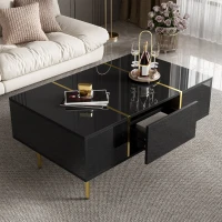 High-Gloss Coffee Table with Two Drawers and 19.5 cm Clearance, Modern Center Table for Living Room, 100L x 60W x 41.5H cm, Black+Gold(m-4)