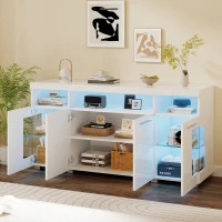 High-Gloss Sideboard with Bluetooth LED Lighting, Modern Storage Cabinet with 3-Tier Tempered Glass Shelves, 140L x 40W x 70H cm, White(m-7)