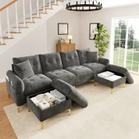 Modern U-Shaped Modular Sleeper Sofa with 2 Storage Ottomans, Soft Convertible Couch with 2 Decorative Cushions, 263L x 137W x 85H cm, Gray(m-8)