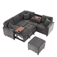 Modern Corner Sofa Bed with Reading Lamp and Fold-Out Cup Holder Table, Soft Pull-Out Sleeper Couch with Ottoman, 205L x 205W x 85H cm, Grey(m-13)