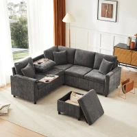 Modern Corner Sofa Bed with Reading Lamp and Fold-Out Cup Holder Table, Soft Pull-Out Sleeper Couch with Ottoman, 205L x 205W x 85H cm, Grey(m-9)