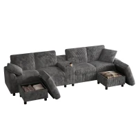 Modern Corduroy U-Shaped Sectional Sofa with 2 Movable Storage Ottomans, Soft Convertible Couch with 2 Type-C Charging Ports, 315L x 135W x 81H cm, Grey(m-13)