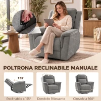 HOMCOM Poltrona Reclinabile Manuale 155° con Poggiapiedi, Girevole a 360° in Ciniglia, Grigio Chiaro(m-3)
