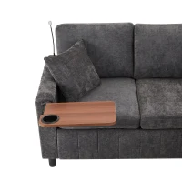 Modern Corner Sofa Bed with Reading Lamp and Fold-Out Cup Holder Table, Soft Pull-Out Sleeper Couch with Ottoman, 205L x 205W x 85H cm, Grey(m-12)