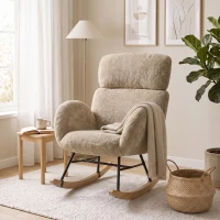 HOMCOM Upholstered Rocking Chair Adjustable Headrest Rocker Chair Raindrop Velvet Rubberwood Base Light Brown(m-8)