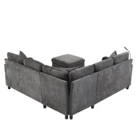Modern Corner Sofa Bed with Reading Lamp and Fold-Out Cup Holder Table, Soft Pull-Out Sleeper Couch with Ottoman, 205L x 205W x 85H cm, Grey(m-11)