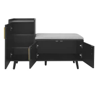 Modern Entryway Shoe Bench Storage Cabinet with Adjustable Shelves, Soft Storage Organiser Unit with Metal Handles, 100L x 34W x 69H cm, Black(m-16)