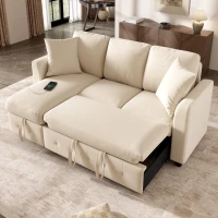 Modern Chenille L-Shaped Sectional Sofa with Reversible Storage Chaise, Soft Pull-Out Sleeper Couch with USB Ports, 200L x 130.5W x 83.5H cm, Beige(m-8)