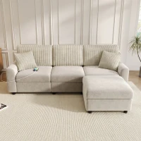 Modern Upholstered Sectional Sofa with USB Type-C Charging Ports, Soft Convertible Couch with 2 square cushions, 223L x 146W x 84H cm, Beige(m-5)