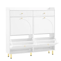 Modern Shoe Cabinet with 4 Flip Doors and 2 Drawers, Space-Saving Entryway Storage Organizer with Metal Handles, 106.5L x 25W x 105.5H cm, White(m-8)