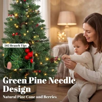 HOMCOM 2 PCs Prelit Christmas Trees with Dual-Colour LEDs, Berry, Pinecones, Battery-Operated, 11 Modes, Pot, Remote, 4ft(m-6)