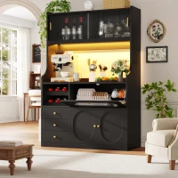 Tall Kitchen Cabinet with App-Controlled RGB LED and Glass Doors, Storage Unit with Wine Rack and 3 Drawers, 120L x 40W x 180H cm, Black(m-7)