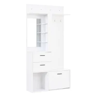 Modern Hall Tree with Mirror and Fold-Out Shoe Rack, Space-Saving Entryway Organizer with 3 Hooks and Drawers, 90L x 30W x 180H cm, White(m-13)