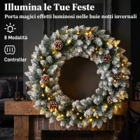 HOMCOM Ghirlanda Natalizia Innevata da 60 cm con Luci LED 8 Modalità, 140 Rami, Pigne, Corona di Natale, Verde(m-5)