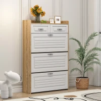 Modern Wooden Shoe Cabinet with 3 Flip Louvered Doors, Space-Saving Organiser Cupboard with 2 Drawers, 80L x 23.5W x 131H cm, White+Natural(m-1)