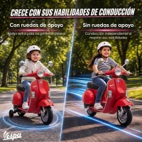 AIYAPLAY Moto Eléctrica Niños 12V Vespa PX150 Ruedas Auxiliares 2 Motores Suspensión Trasera Música Faros 3 km/h 3-6 Años Rojo(m-5)